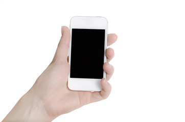 Hand holding mobile smart phone with blank screen