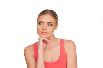 Portrait of a pensive woman on a white background