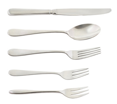 Set of steel metal cutlery isolated