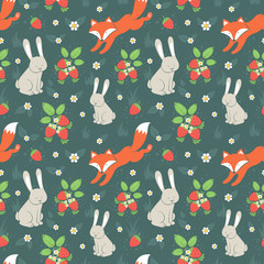 Rabbits and fox with seamless pattern © Yuzach