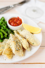 Lemon Semolina Crusted Fish Fries with Green Beans and Marinara