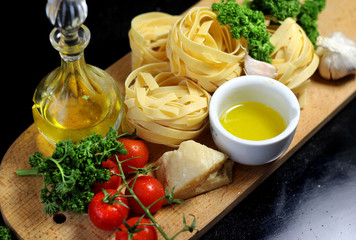 Traditional Italian food tagliatelle with ingredients