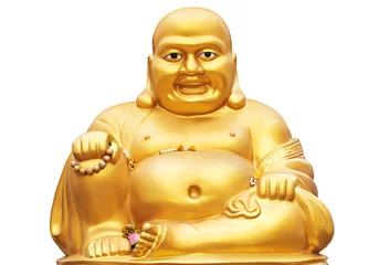 Poster Bouddha Smiling Golden Buddha Statue isolated on a white background