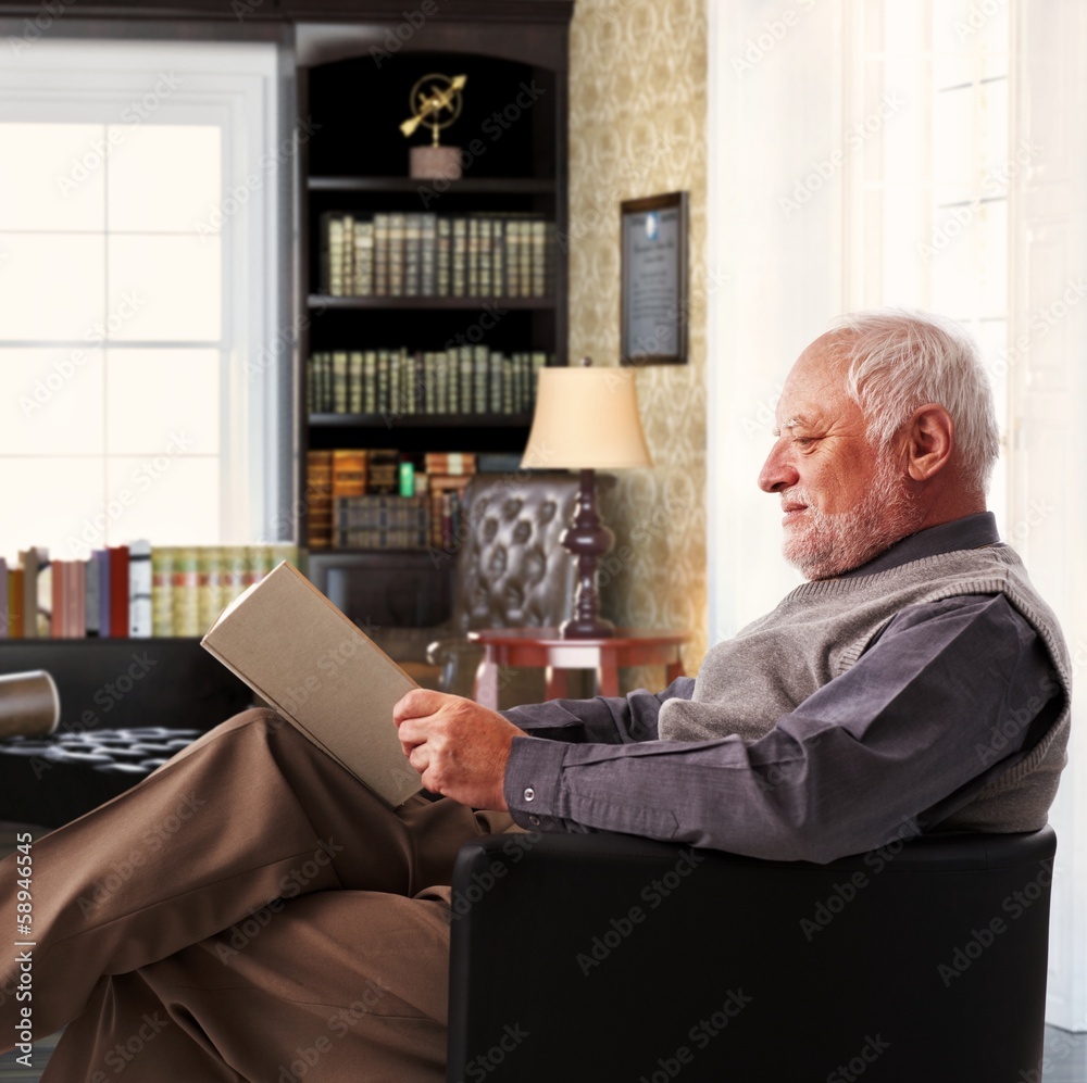 Sticker elderly man reading book at study at home