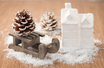 House christmas decoration and snowed trees