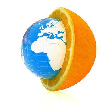 Earth on orange fruit. Creative conceptual image.