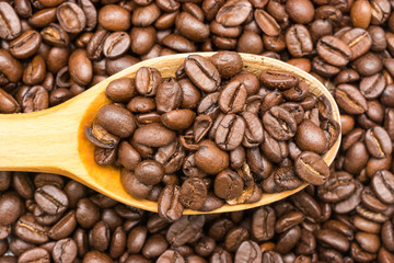 Wooden Spoon With Coffee Beans Close Up