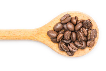 Wooden Spoon With Coffee Beans On White Background