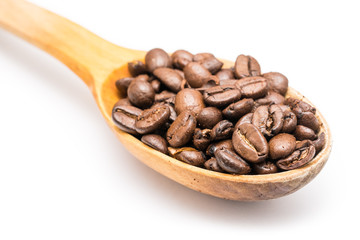 Wooden Spoon With Coffee Beans On White Background