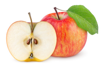 Red yellow apple with green leaf and half isolated on white