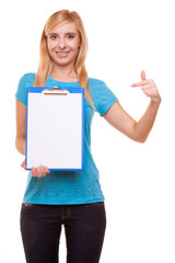 woman college student girl holds clipboard and points