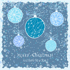cute christmas card with hanging decorations and snow