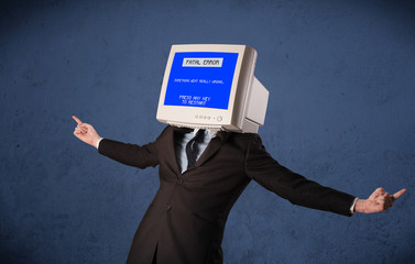 Person with a monitor head and fatal error blue screen on the di