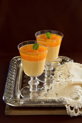 orange panna cotta with slices of oranges.