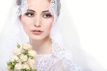 Naklejka premium Portrait of beautiful bride. Wedding dress. Wedding decoration