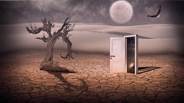 Open doorway show a somehow semitransparent space scene in stran