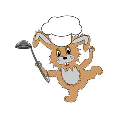 A funny cartoon rabbit wearing a chef hat and with a soup ladle