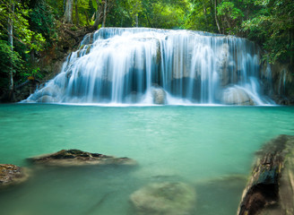 Fototapeta na wymiar Erawan waterfal in deep forest, Erawan National Park