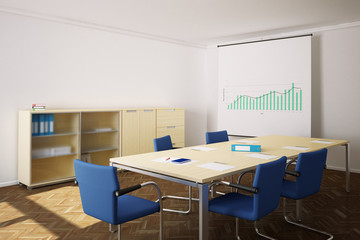 Meeting room with blue chairs and flipchart