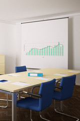 Meeting room with blue chairs and flipchart upright