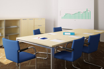 Meeting room with blue chairs and flipchart closeup