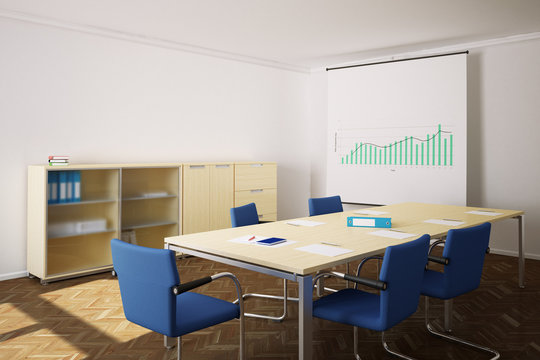 Meeting room with blue chairs and flipchart