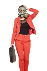 young business woman walking with a gas mask