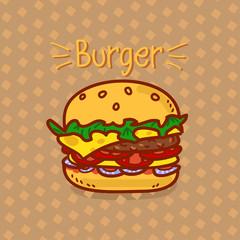 Cartoon hamburger with an inscription on a brown background