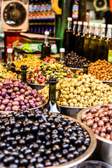 Assortment of olives on market,Tel Aviv,Israel