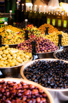 Assortment of olives on market,Tel Aviv,Israel