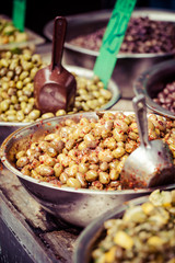 Assortment of olives on market,Tel Aviv,Israel