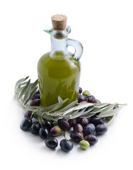Isolated virgin oil bottle and olives