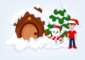 Boy Playing with His Snow Man And Celebrate The Chrsitmas