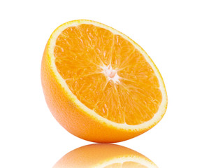 Half orange fruit on white background, fresh and juicy