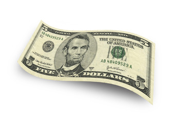 five dollar banknote isolated on white background