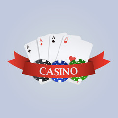 Vector casino illustration with ribbon, playing cards and chips