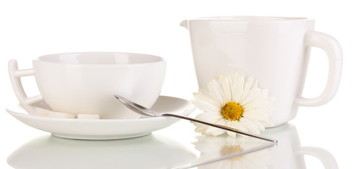 A cup of strong coffee and sweet cream isolated on white