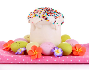 Easter cake with sugar glaze and eggs isolated on white