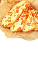 Biscotti with candied fruits, isolated on white