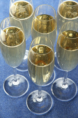 Glasses with champagne on shiny background