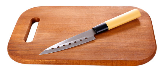 Kitchen knife  and wooden cutting board ,isolated on white