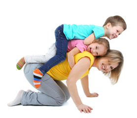 Little children with nice mom isolated on white