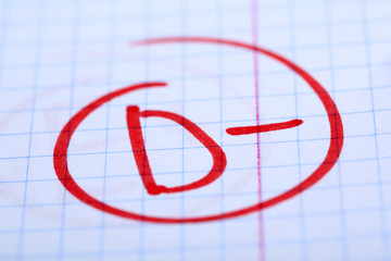 Grade D- written on an exam paper