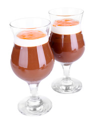 Dessert of chocolate and persimmon isolated on white