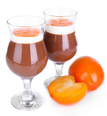 Dessert of chocolate and persimmon isolated on white