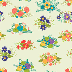 Romantic seamless pattern of floral bouquets in retro style.