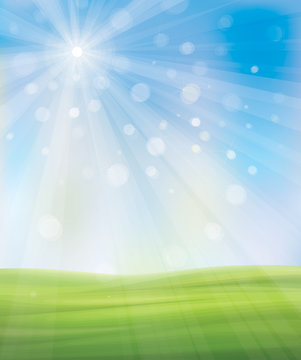 Vector spring background, blue sky and green grass.