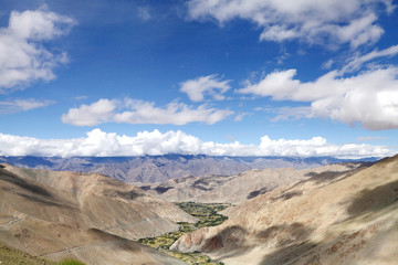 Fototapeta na wymiar Green fertile valley in Ladakh Batholith