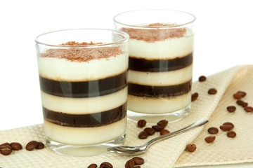 Tasty jelly coffee with milk on table on white background