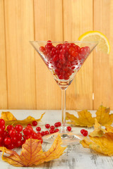 Red berries of viburnum in glass and yellow leaves